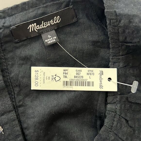 NWT Madewell with FLAWS Seersucker Puff-Sleeve Cutout Mini Dress in Black Size L - Picture 6 of 11